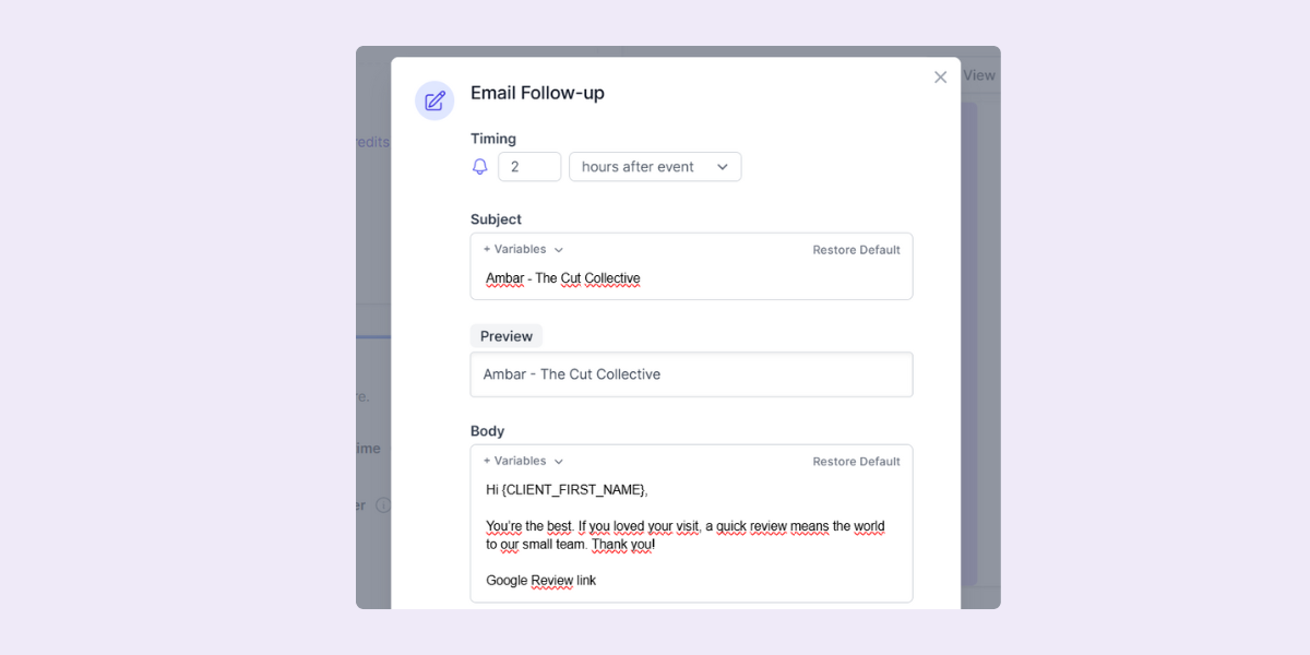 screenshot koalendar post-visit follow up form